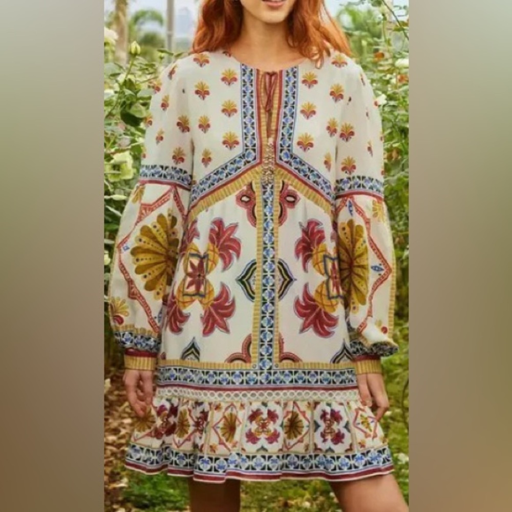 Farm Rio Off-White Bright Multi Tile Print Lightweight Long Sleeve Mini Dress: M - Picture 9 of 13